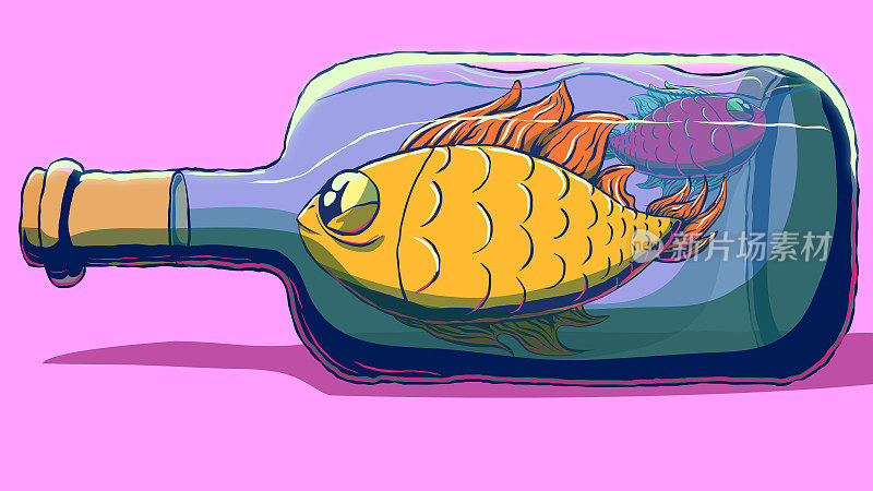 Cute cartoon vector illustration - Fishes in a bottle.